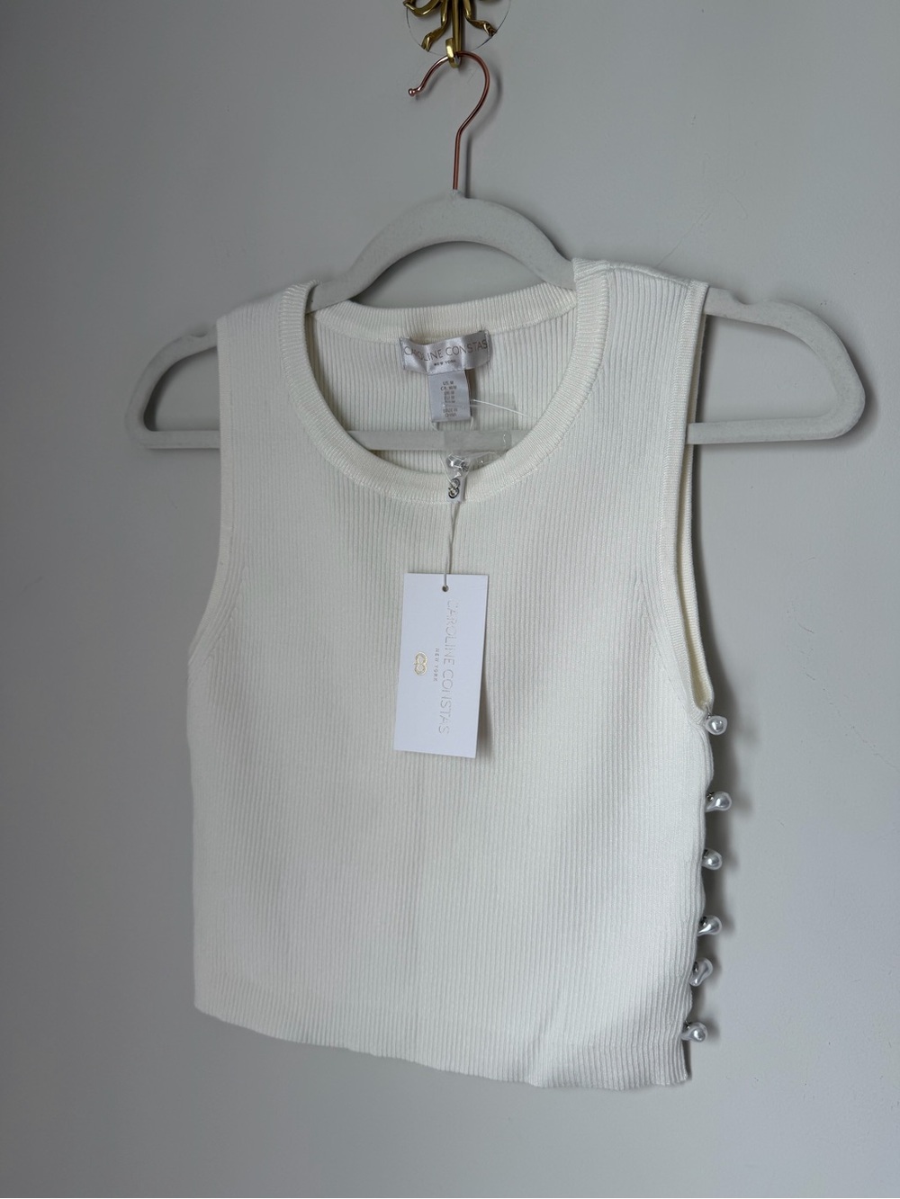 Caroline Constas cream crop Tank with Side Pearl detail
